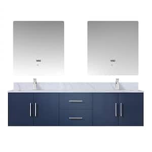 Geneva 72 in. W x 22 in. D Navy Blue Double Bath Vanity, Carrara Marble Top, Faucet Set and 30 in. LED Mirrors