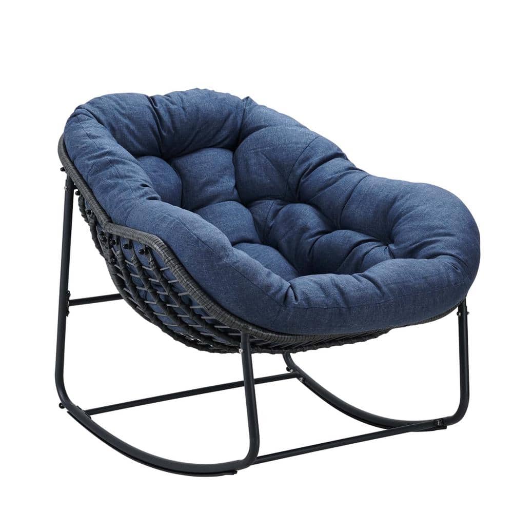 Metal Outdoor Rocking Chair, Oversized Rattan Egg with Navy Blue Thick Cush