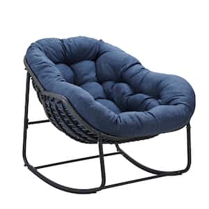 Metal Outdoor Rocking Chair, Oversized Rattan Egg with Navy Blue Thick Cushion For Backyard, Patio, Poolside