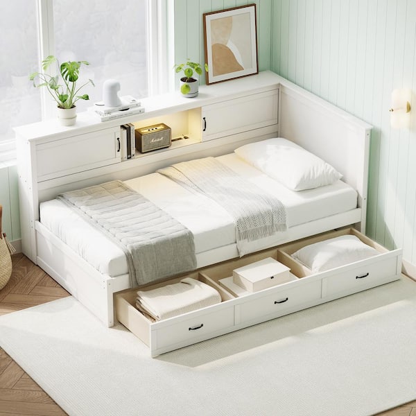 Harper & Bright Designs White Modern Twin Size Daybed with Built-in Charging Station, Recessed LED downlight and Drawers