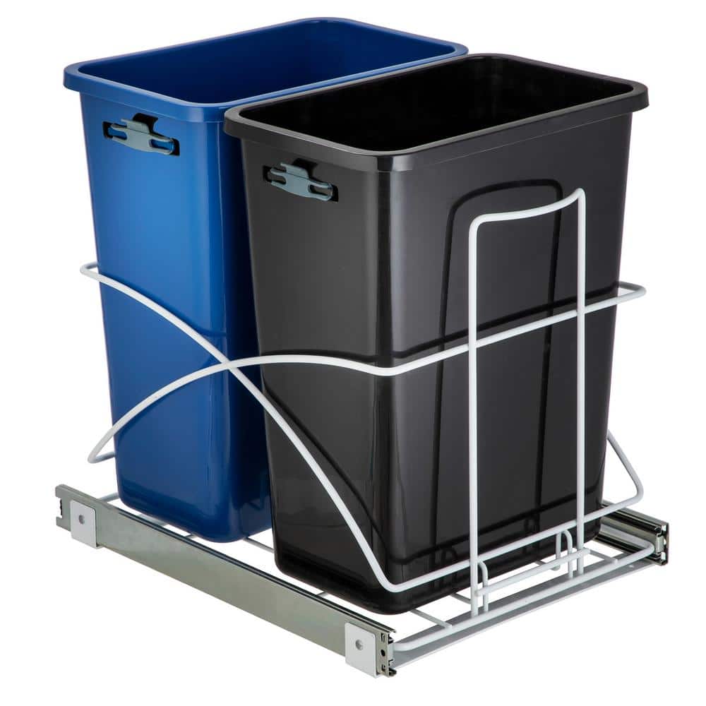 Dual Compartment Black and Blue Plastic Pull-Out Kitchen Trash Can