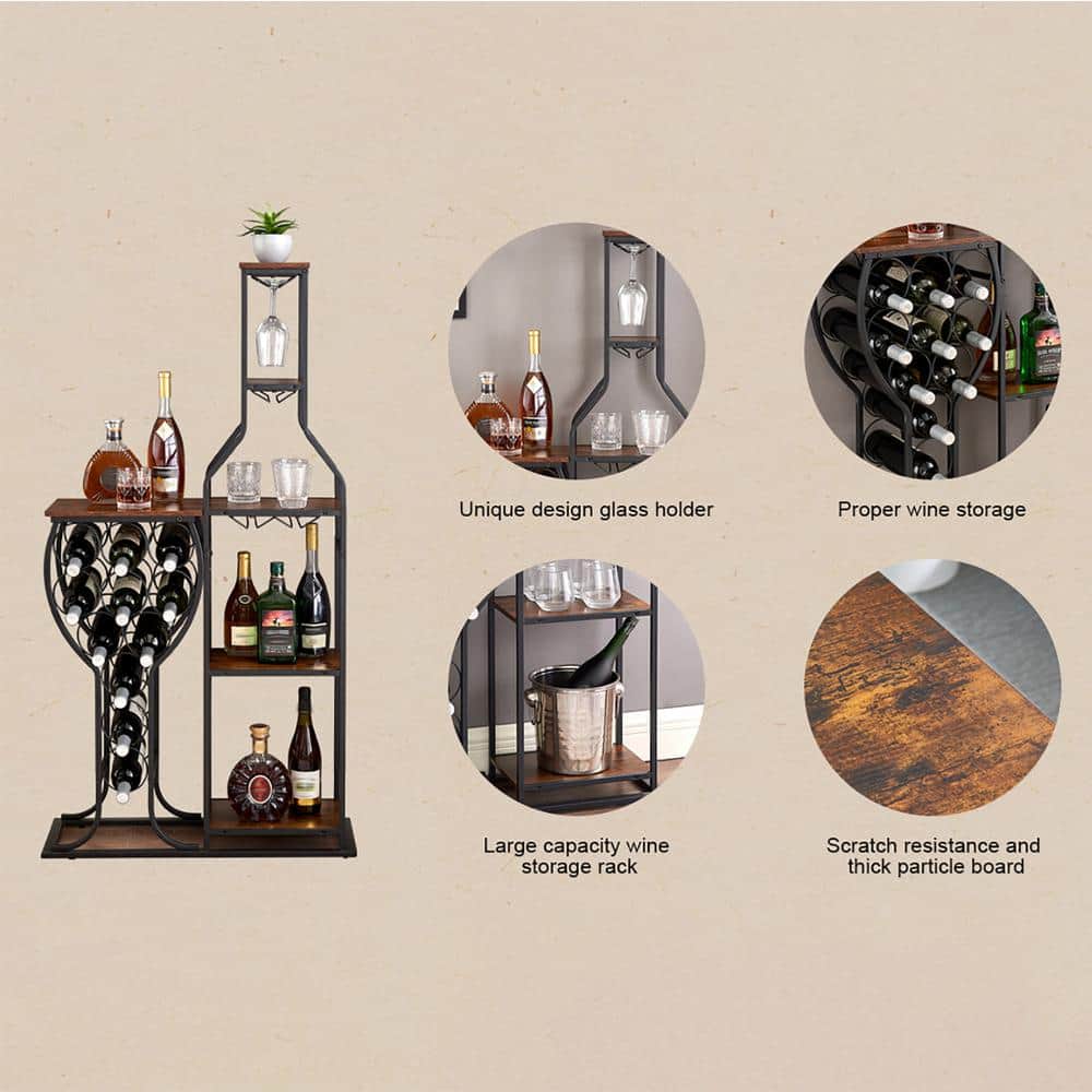 Rustic Brown 5-Tier Freestanding Wine Rack with Glass Holder