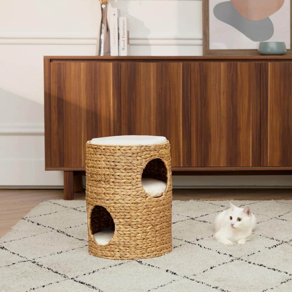 Tan Woven Water Hyacinth 3-Tier Cat Tower with Cushions