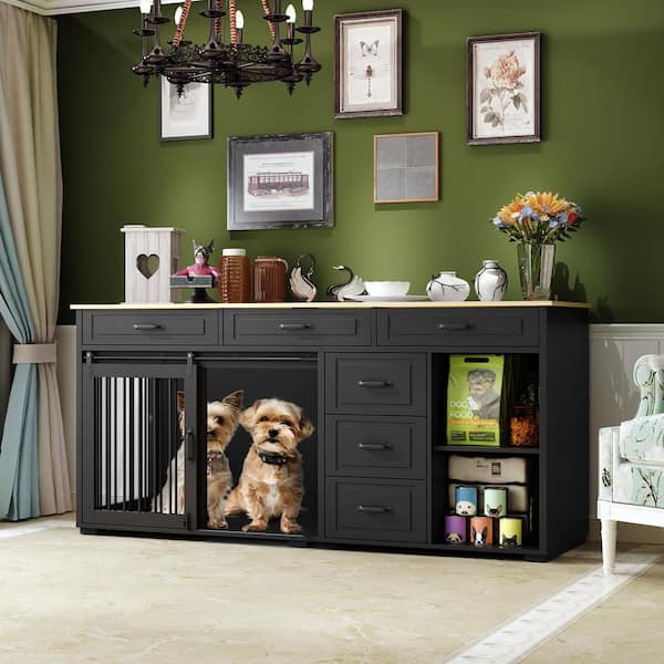 FUFU&GAGA Large Wooden Dog House with 6-Drawer 2-Compartment Dog Crate, Heavy-Duty Indoor Dog Cage House in Black