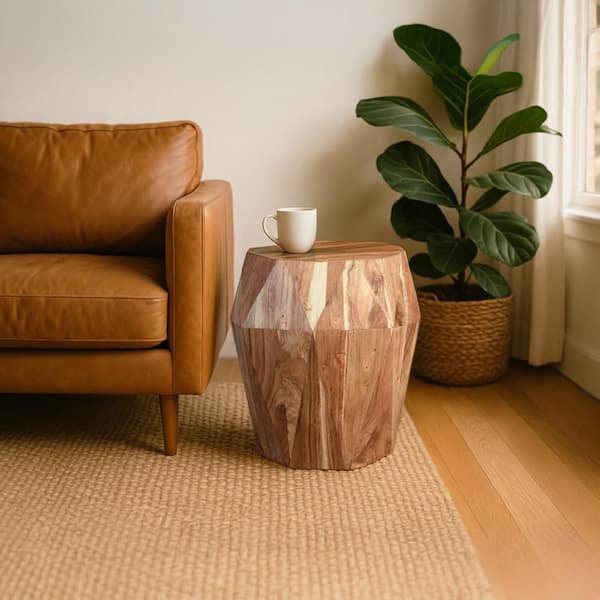 THE URBAN PORT Bon 16 in. Natural Brown Octagon Acacia Wood Top Artisanal End Side Table with Multifaceted Design