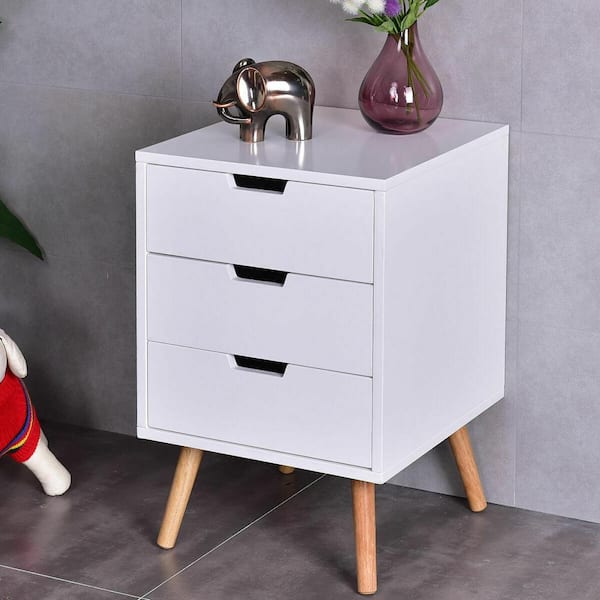 Costway 15 in. L x 15 in. W x 24 in. H 3-Drawer White Nightstand Side End Table Mid-Century Accent Wood Furniture