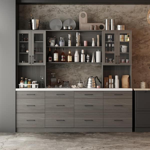 FUFU&GAGA Gray Wooden Grain Wooden 94.5 in. W Sideboard Cabinet with 12 Drawers, 8-Shelves and White Thickened Large Tabletop