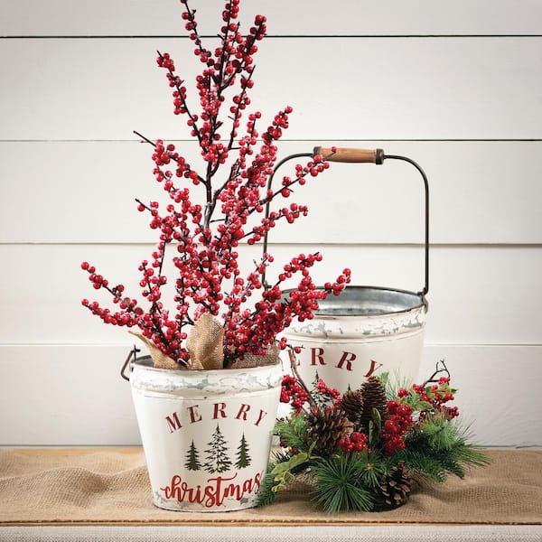 Set of 3 Black & Red Round Christmas Buckets with Handles 16