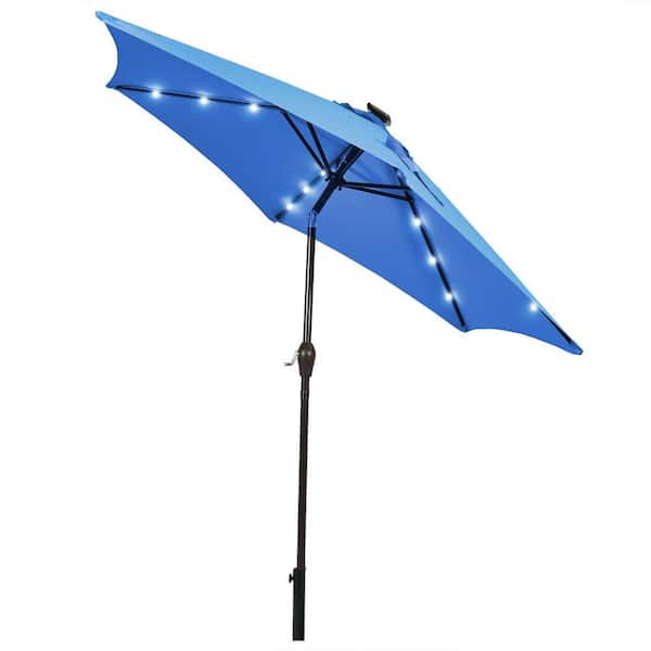 FORCLOVER 9 ft. Market Solar Patio Umbrella with LED Lights Crank Lift in Navy