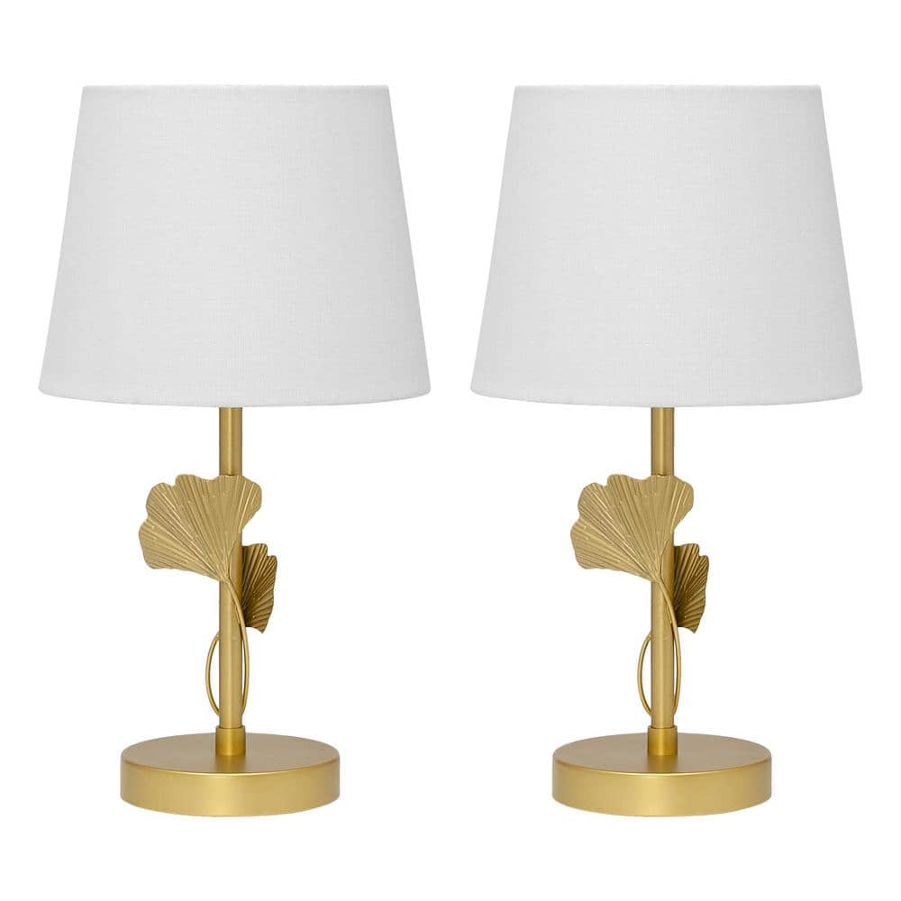 Set of 2 Gold Metal Table Lamps with White Fabric Drum Shades