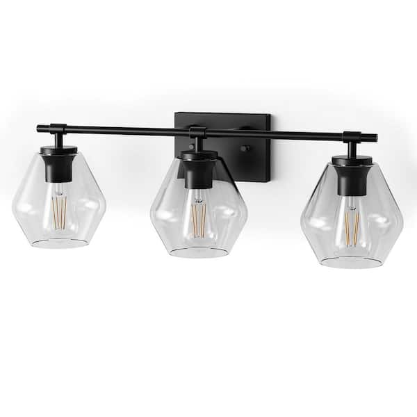 25 in. 3-Light Matte Black Vanity Light with Clear Glass Shade Dimmable for Bathroom and No Bulbs Included