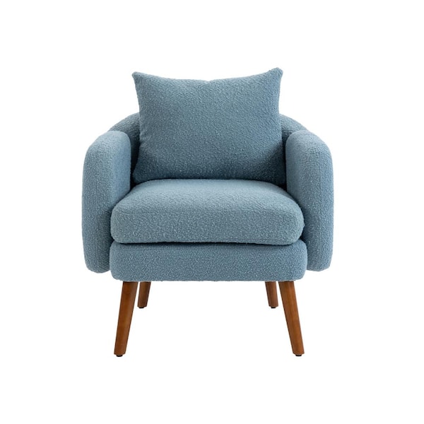 HOMEFUN Modern Light Blue Boucle Upholstered Wooden Frame Accent Arm Chair with Cushion and Pillow
