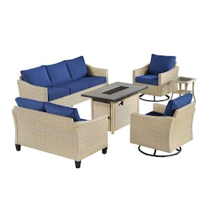 Oconee Beige 6-Piece Wicker Outdoor Patio Conversation Sofa Loveseat Set with a Fire Pit and Navy Blue Cushions