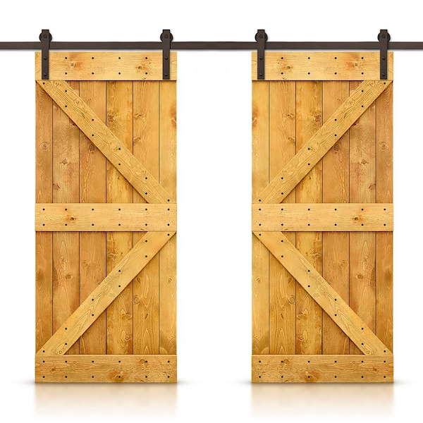 CALHOME 84 in. x 84 in. K Series Colonial Maple Stained DIY Solid Pine Wood Interior Double Sliding Barn Door With Hardware Kit