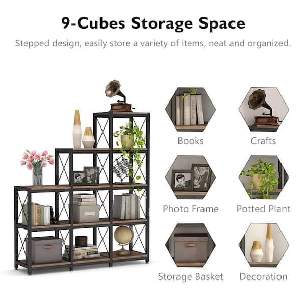 Earlimart 51.57 in. Rustic Brown Engineered Wood and Metal 4-Shelf Etagere Bookcase with 12-Cube Storage Organizer