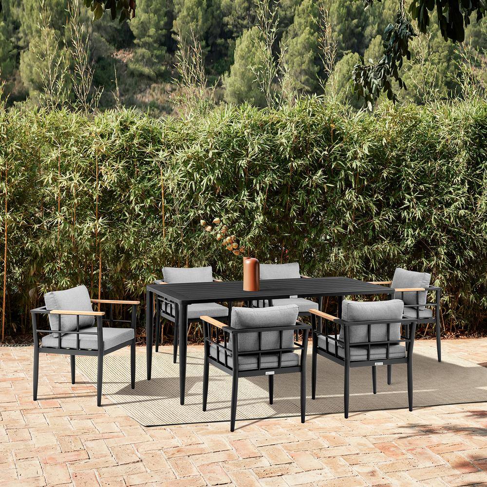 Beowulf Black and Teak 7-Piece Outdoor Dining Set with Gray Cushions