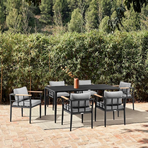 Armen Living Beowulf Black 7-Piece Aluminum Outdoor Dining Set with Dark Grey Cushions