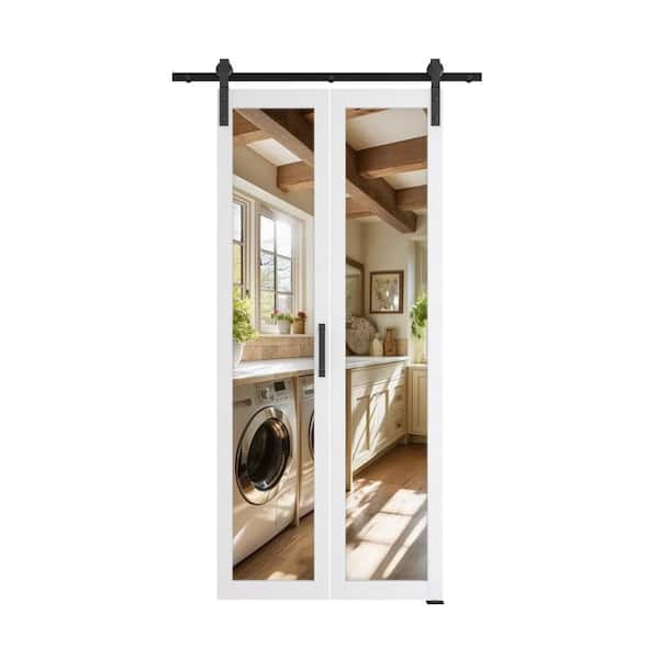 TENONER 36 in. x 84 in.(Double 18 in. W Doors) White Mirrored Glass MDF,Bi-Fold Style Full Lite Sliding Barn Door w/Hardware Kit