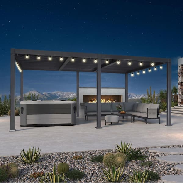 PURPLE LEAF 11.4 ft. x 17.5 ft. Gray Aluminum Patio Louvered Pergola Hardtop Gazebo with Adjustable Sunshade Roof and String Lights
