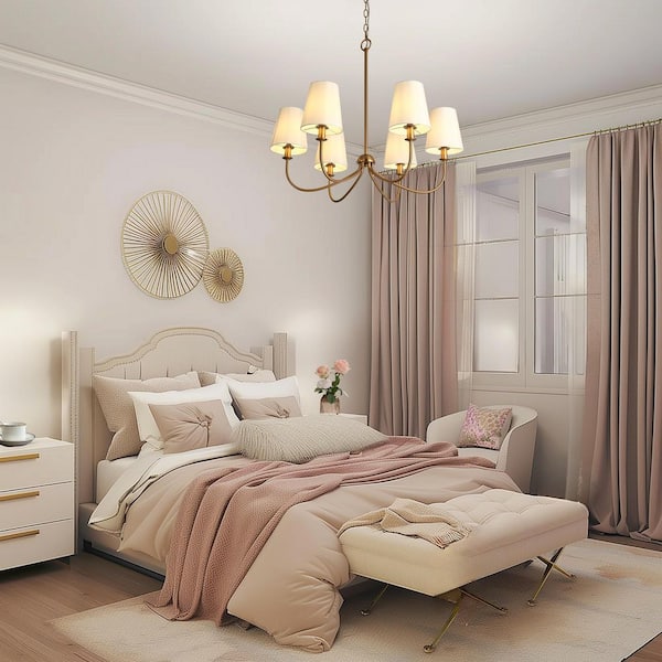 Transitional Plated Brass Linear Chandelier with White Cone Fabric Shades 6-Light Vintage Candlestick Hanging Light