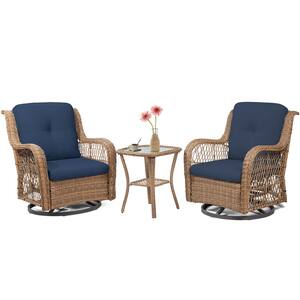 3-Piece Wicker Outdoor Bistro Set with 2 Swivel Chairs Blue Cushioned and 1 Glasstop Side Table