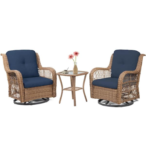MEOOEM 3-Piece Wicker Outdoor Bistro Set with 2 Swivel Chairs Blue Cushioned and 1 Glasstop Side Table