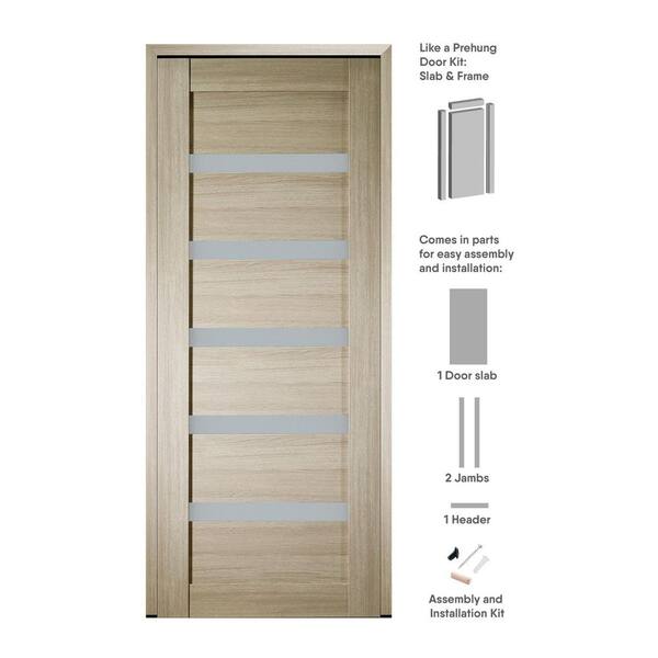 32 in. x 96 in. Leora Right-Hand Solid Core 7-Lite Frosted Glass Shambor Wood Composite Single Prehung Interior Door