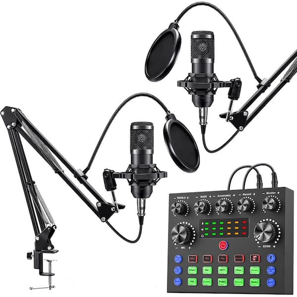 Podcast Equipment Bundle with Sound Card and 2-Condenser Microphones in Black 2-Pack Studio Kit for Recording