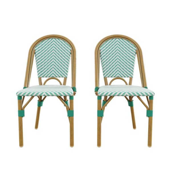 French Bistro Wicker Aluminum Outdoor Patio Armless Dining Chair in Light Green and White (2-Pack)