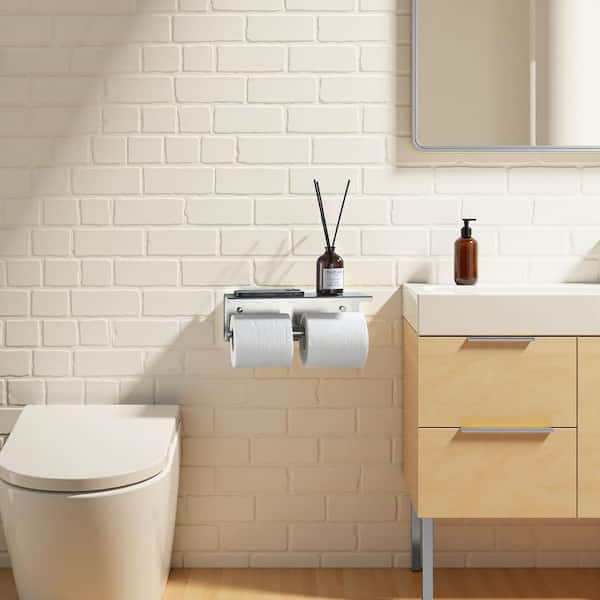 Stainless Steel Wall Mounted Double Post Toilet Paper Holder with Shelf Storage Rack in Brushed Nickel
