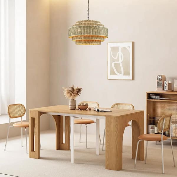 Fenton 26 in. 8-Light Adjustable 5-Tier Woven Rattan Drum Chandelier with Black Hardware