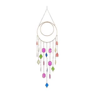 49 in. Multi Colored Metal Geometric Indoor Outdoor Windchime with Stained Glass