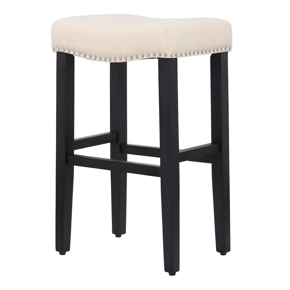 29" Black and Beige Saddle Style Wooden Barstool with Nailhead Trim