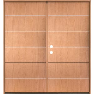 TETON Modern 72 in. x 80 in. Right-Active/Inswing 6-Grid Solid Panel Teak Stain Double Fiberglass Prehung Front Door