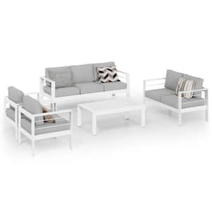 White 5-Piece Aluminum Patio Conversation Set with Light Grey Cushions