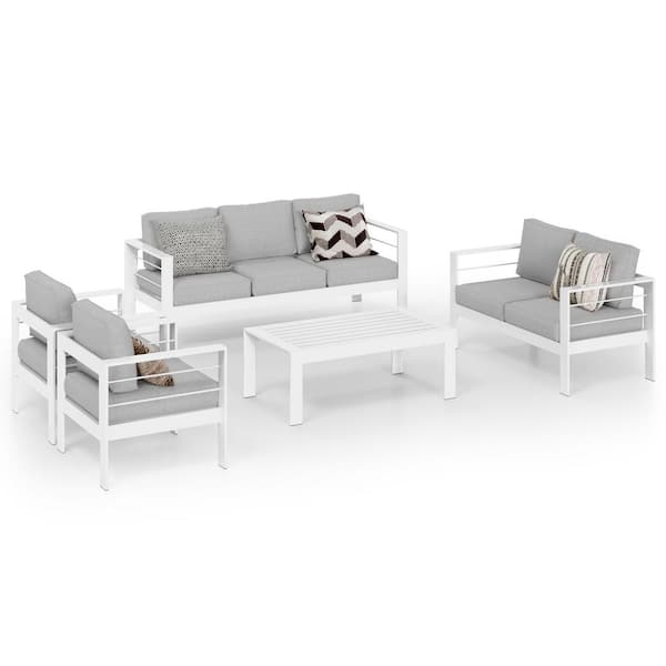 SUNVIVI White 5-Piece Aluminum Patio Conversation Set with Light Grey Cushions
