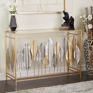 44 in. Gold Extra Large Rectangle Metal Leaf Console Table with Mirrored Glass Top