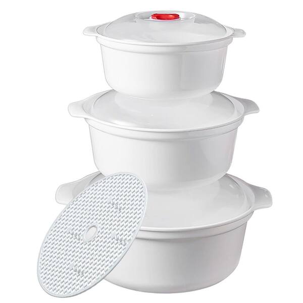 White Polypropylene Microwave Bowls, Food Grade Heat Resistant, Anti-Scald Handles with Secure Lids for Easy Heating