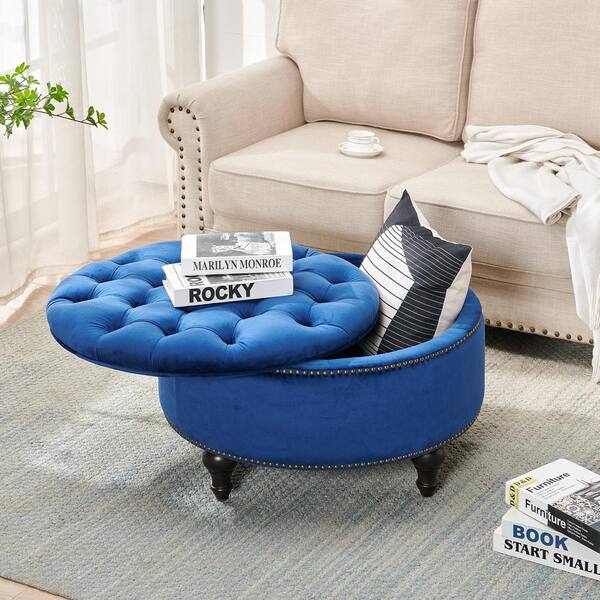 Small Footstool with Handle Ottoman Foot Rest with Padded Velvet Peacock  Blue