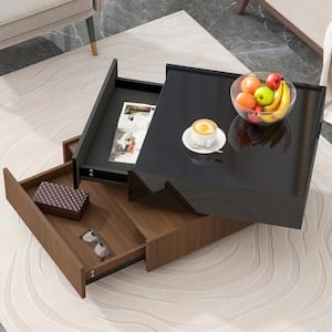 360° Rotating 23.6 in. Black Square Wood Coffee Table with 2-Drawers, Walnut Table Frame Side Table for Living Room