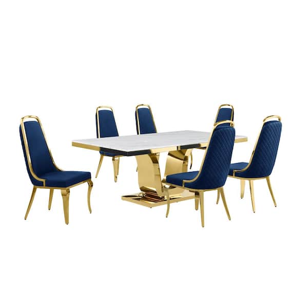 Best Quality Furniture Ada 7-Piece Rectangle White Marble Top With Gold Stainless Steel Dining Set With 6 Navy Blue Velvet Chrome Iron Chairs