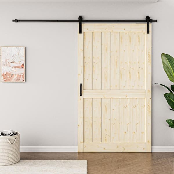 48 in. x 84 in. Paneled H Shape Solid Core Pine Unfinished Wood Sliding Barn Door Slab with Hardware Kit