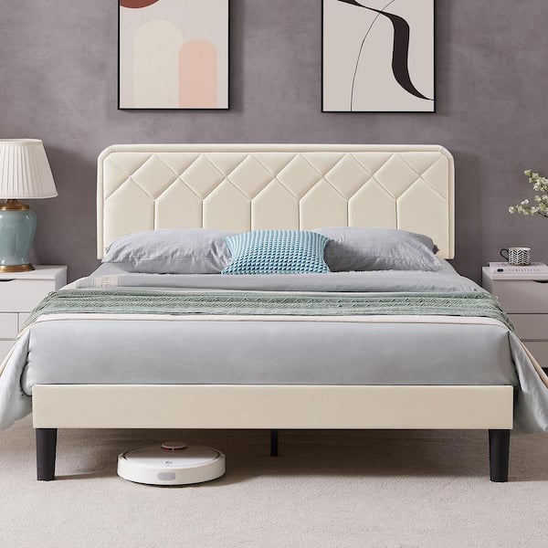 VECELO Bed Frame with Upholstered Headboard, Beige Metal Frame Queen Platform Bed with Strong Frame and Wooden Slats Support