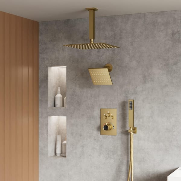 Thermostatic 7-Spray 12 in. Ceiling Mount Dual Shower Head and Handheld Shower in Brushed Gold (Valve Included)