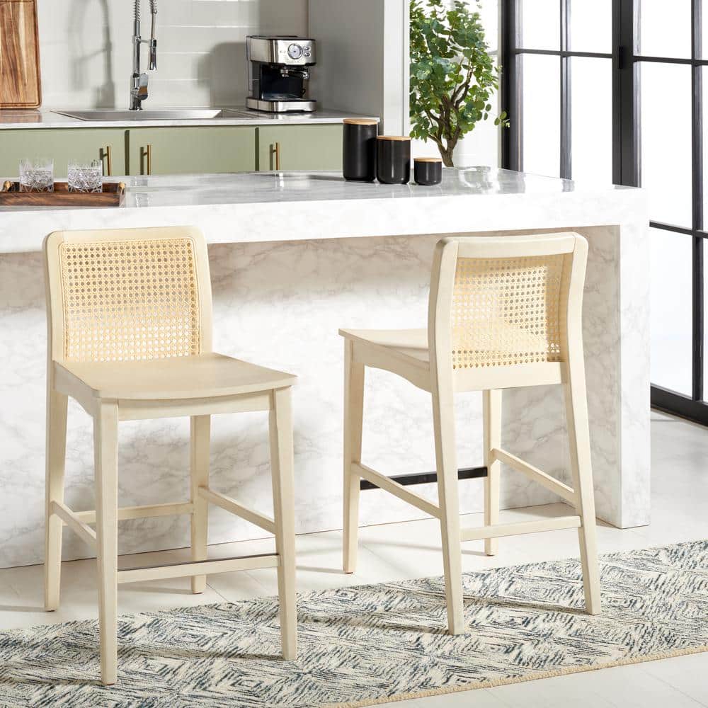 SAFAVIEH Benicio 25 in. White Natural Wood Counter Stool BST1506BSET2