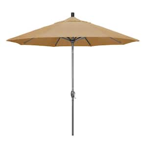 9 ft. Hammertone Grey Aluminum Market Patio Umbrella with Push Button Tilt Crank Lift in Linen Sesame Sunbrella