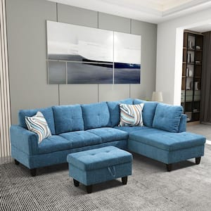97 in. Rolled Arm Velvet Flannel L-Shaped 4-Seater Sofa With Ottoman in Blue