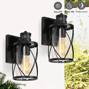 Modern Black Drum Outdoor Wall Light TORA 1-Light Motion Sensor Wall Lantern Sconce with Clear Glass Shade (2-Pack)