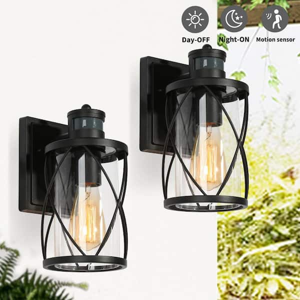 Uolfin Modern Black Drum Outdoor Wall Light TORA 1-Light Motion Sensor Wall Lantern Sconce with Clear Glass Shade (2-Pack)