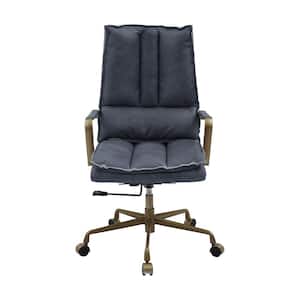 Tinzud Gray Top Grain Leather Office Chair with Metal Arms